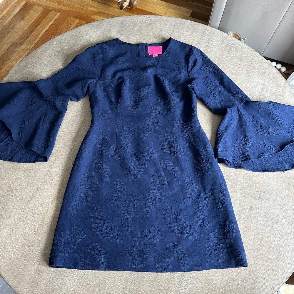Lilly Pulitzer jacquard palm leaf bell sleeve Midnight Blue Leaf Dress size 10